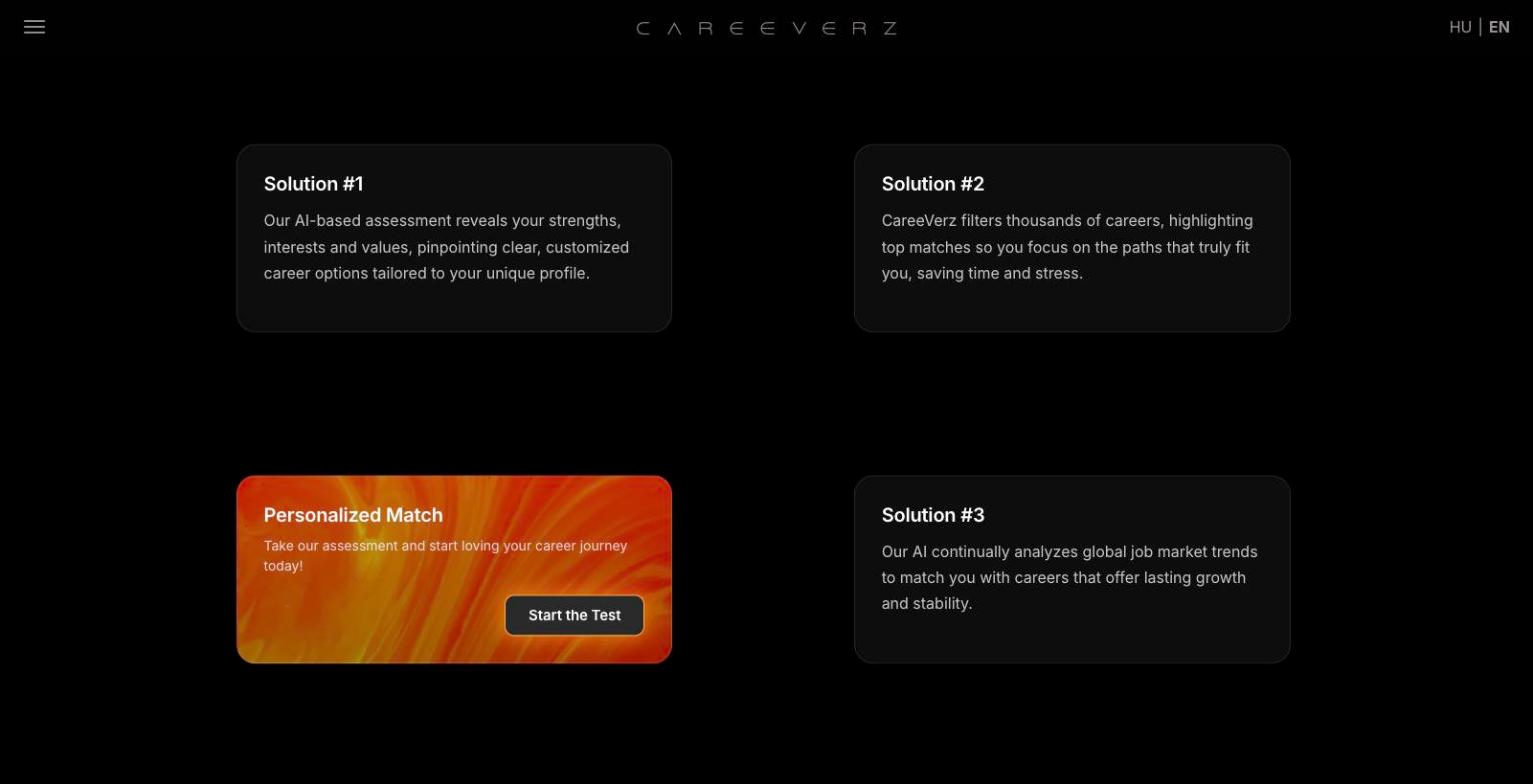 New CareeVerz landing page: problems and solutions section