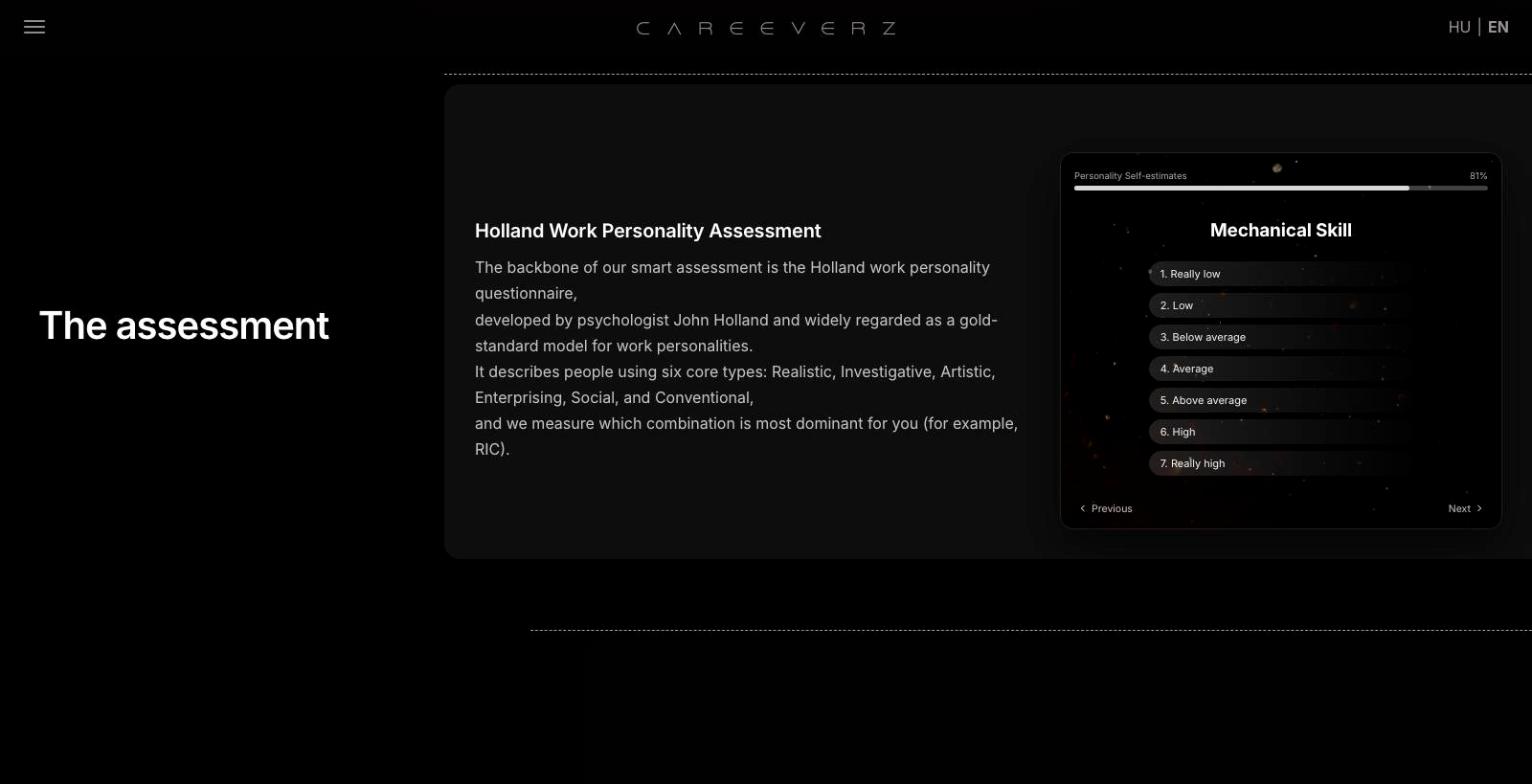 New CareeVerz landing page: the assessment section