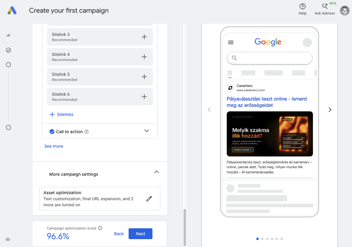 Setting up the first CareeVerz Google Ads campaign, with a preview of the career aptitude test ad on Google mobile search